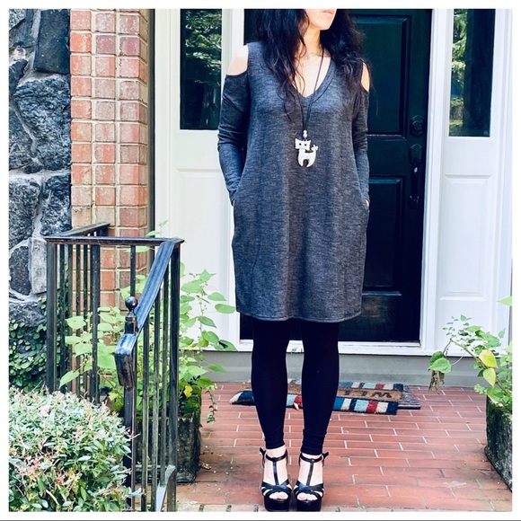 CHARCOAL TWEED V NECK COLD SHOULDER TUNIC DRESS - Picture 9 of 9